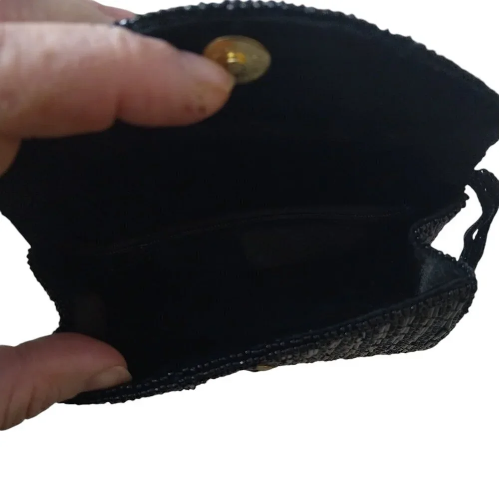 Vintage Black Beaded Wristlet Clutch Purse Retro Glam Party Black Tie Event